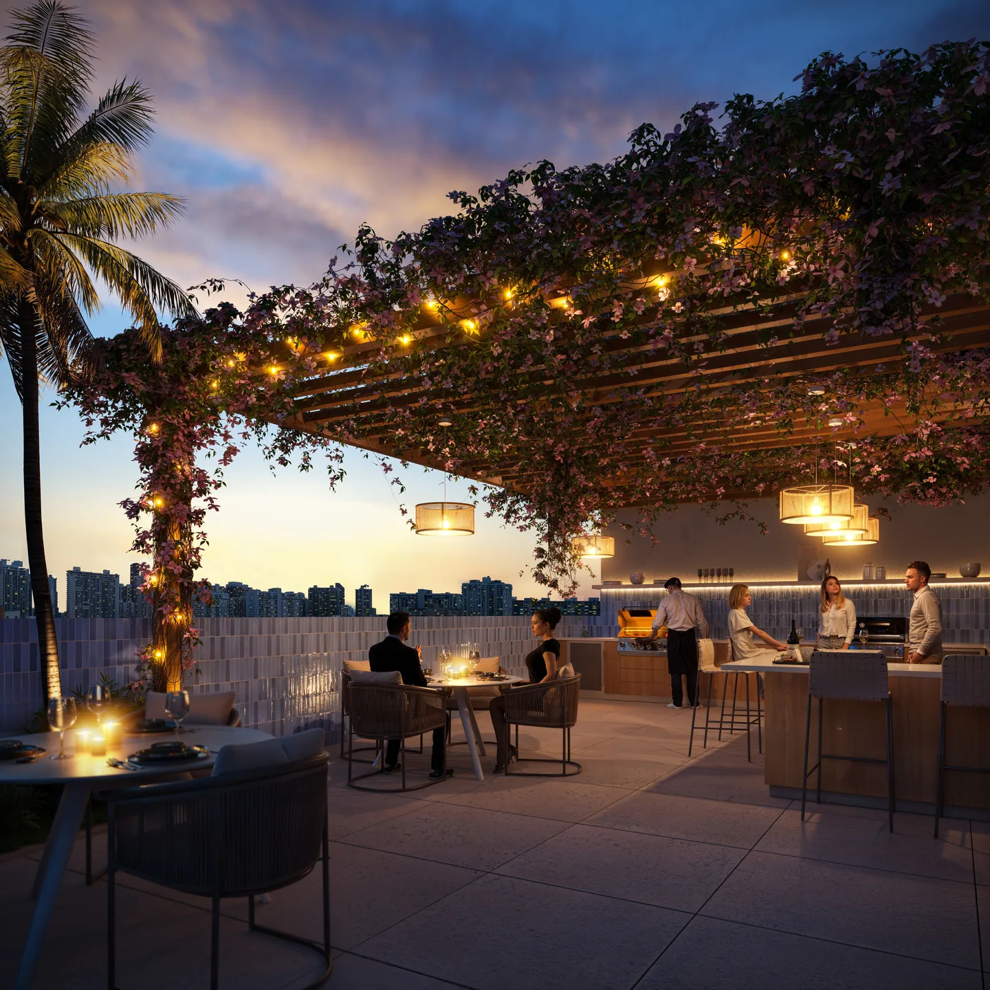 Terraza gourmet exterior y espacio de comedor en Eden Residences
