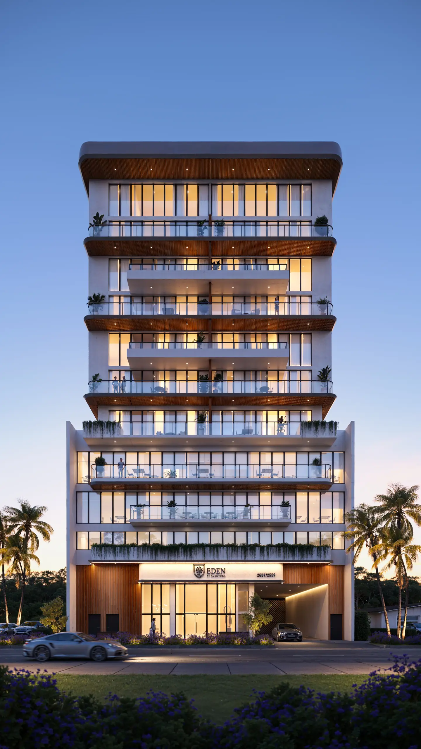 Eden Residences exterior at dusk