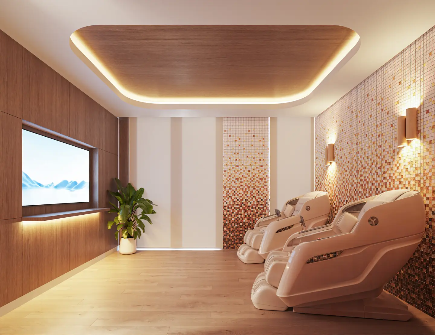 Sala de recuperación de Eden Residences con sillones de masaje y luz cálida
