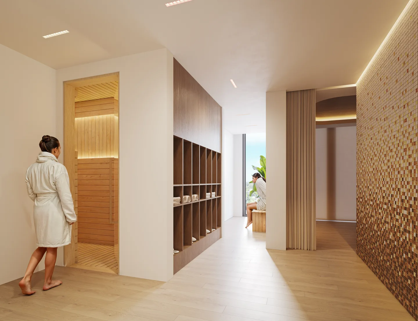 Sala de spa y bienestar de Eden Residences con sauna e interiores serenos